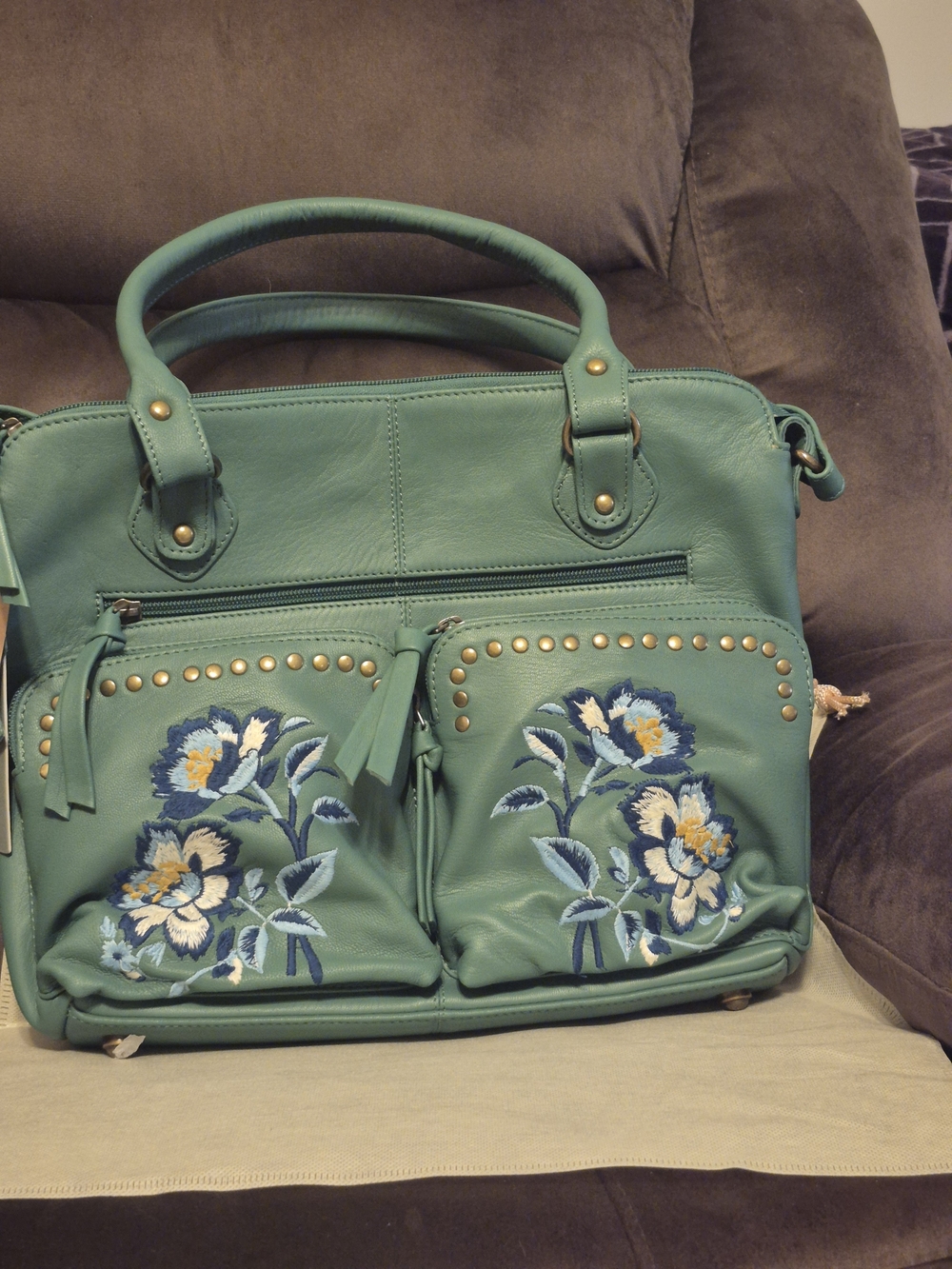 Genuine Soft Leather Embroidered Teal Tote Handbag with Dual Front Pockets